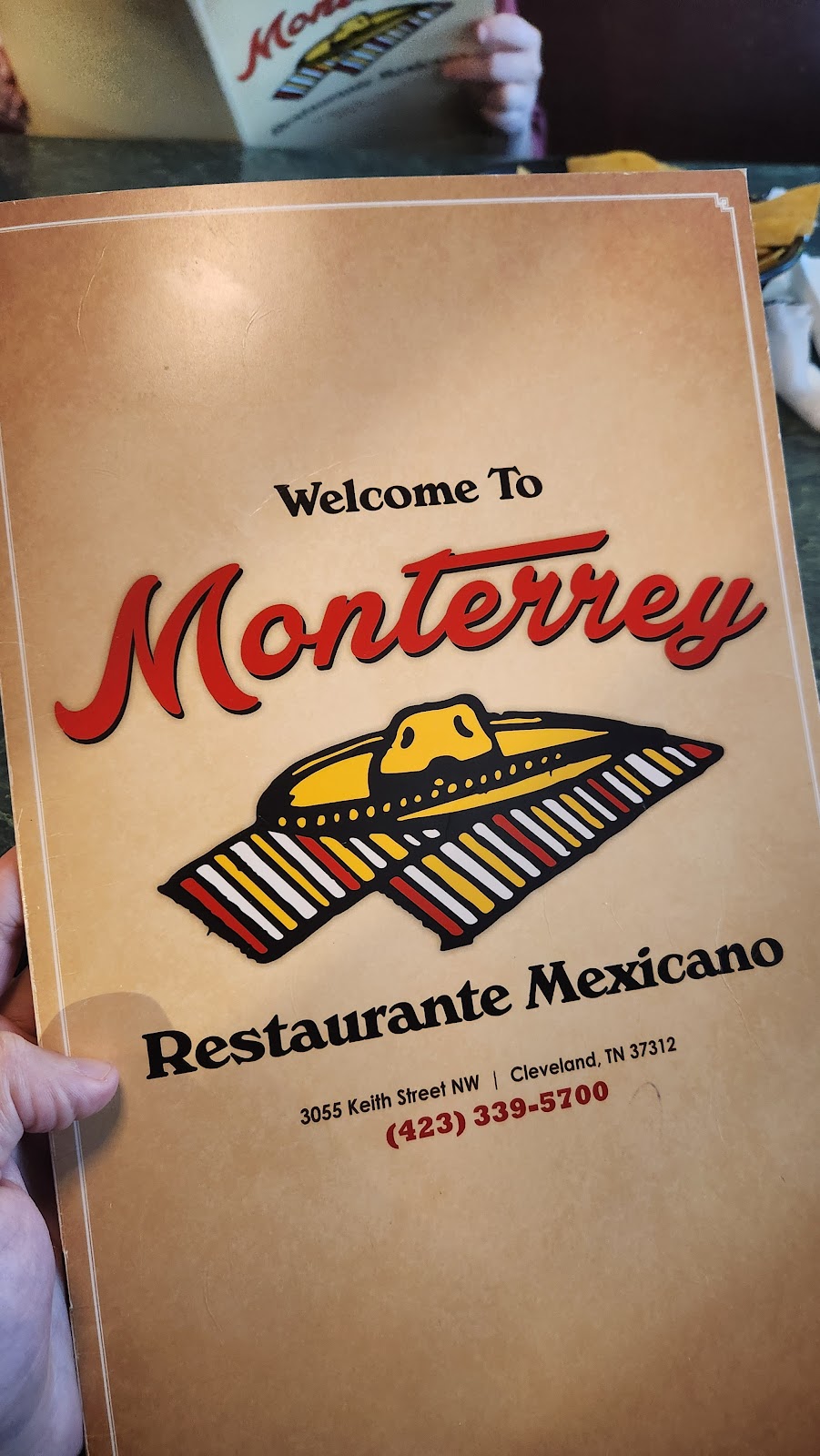 The Monterrey menu cover reading Welcome To Monterrey, Restaurante Mexicano, 3055 Keith Street NW, Cleveland, TN